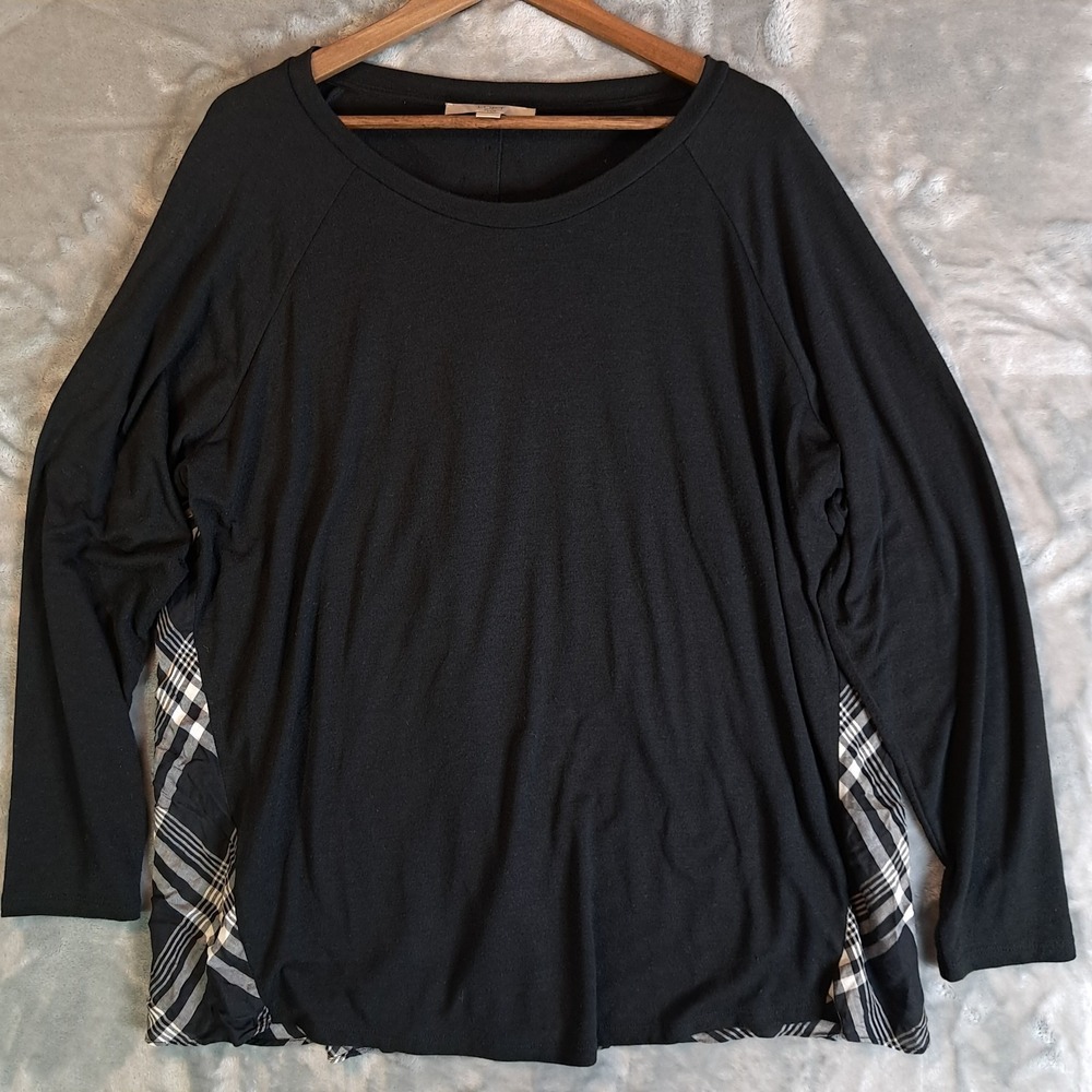 LOFT Mixed Media Plaid Long Sleeve Top Womens Plus Size 20/22 Black Shirt